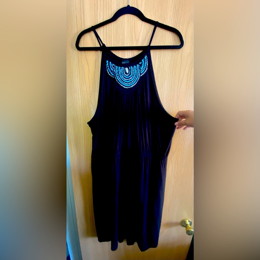 Beautiful turquoise & rhinestone embellished halter neckline 3/4 length dress.